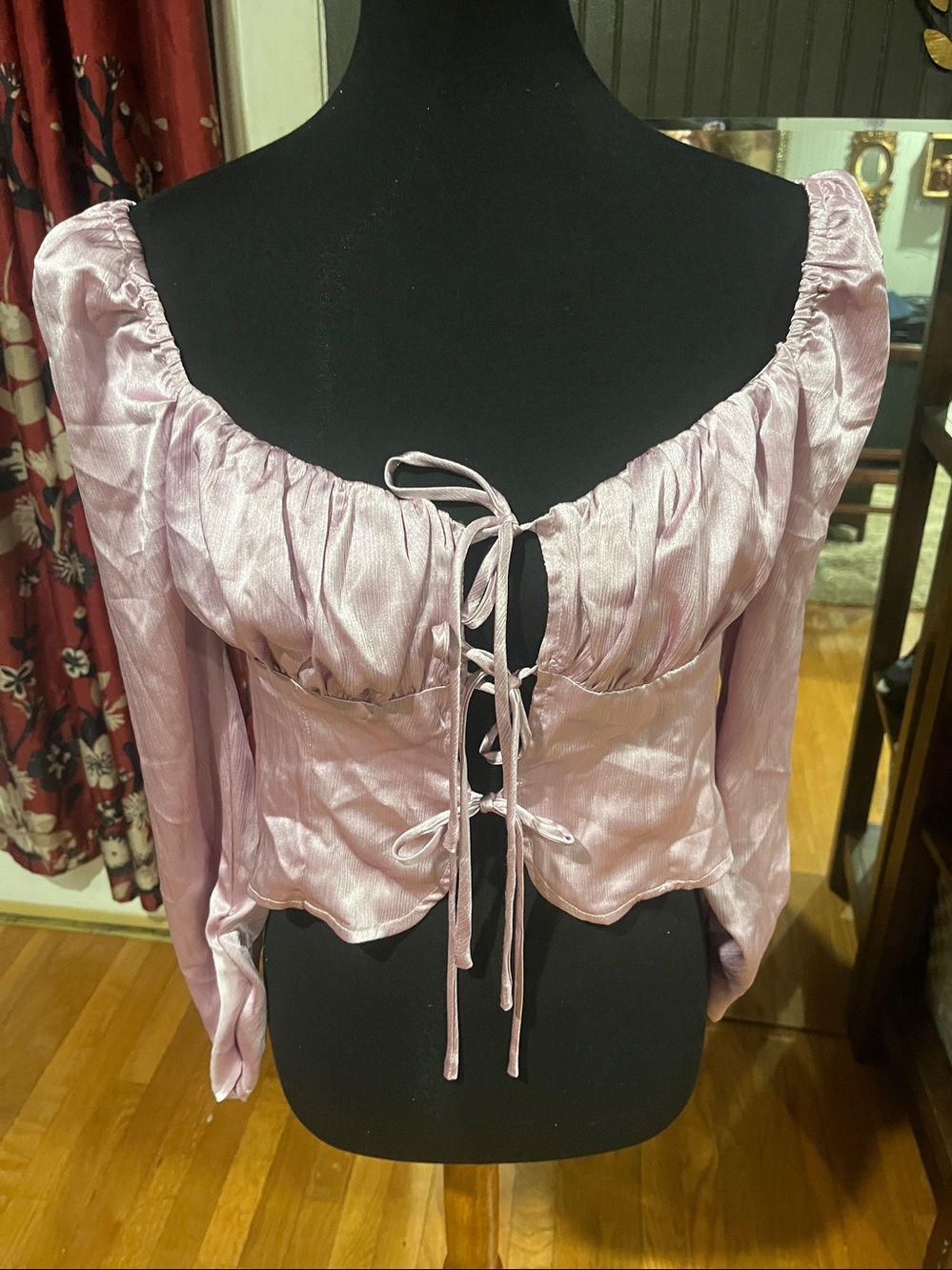 Mishka Lilac Satin Lace-Up Crop Top